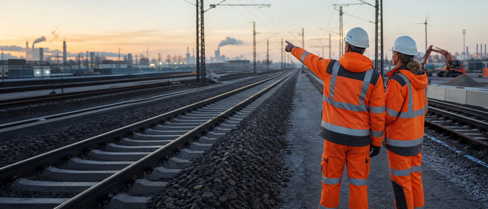 Fachkräfte in orangefarbener Schutzkleidung an einer Gleisanlage bei Sonnenaufgang